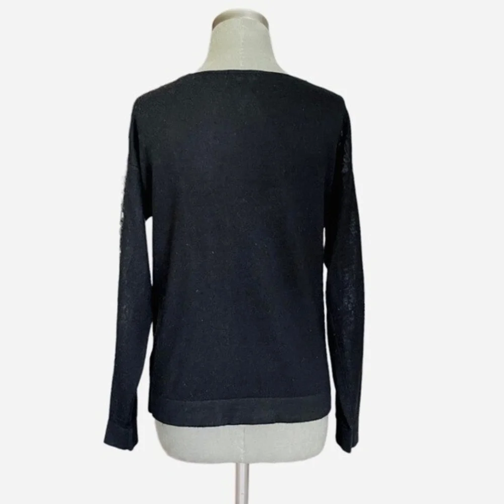 DKNY Womens Black Lace Trim Long Sleeve Sweater M Wool Blend Crew Neck VG